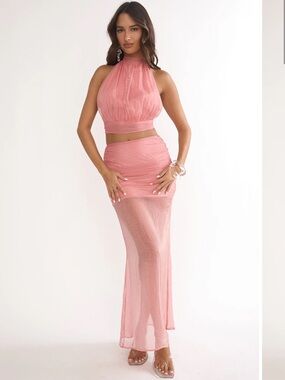 Selfie Leslie Jazmin Halter Top and Skirt Two Piece Set - Peach